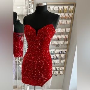 Short Formal Dress Red Velvet with sequins and fringe rhinestone detail